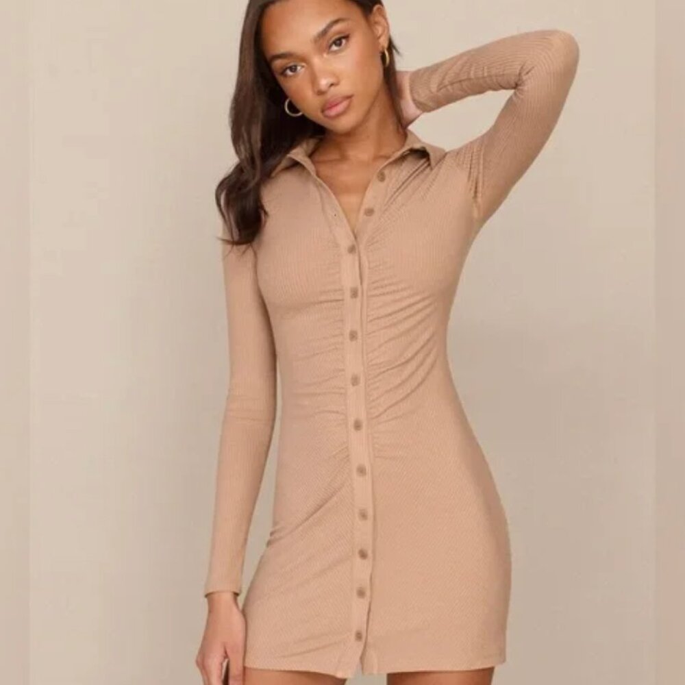 SOLD! Reformation jeans Brown Button-Up long sleeve ribbed dress S/XS 2-6